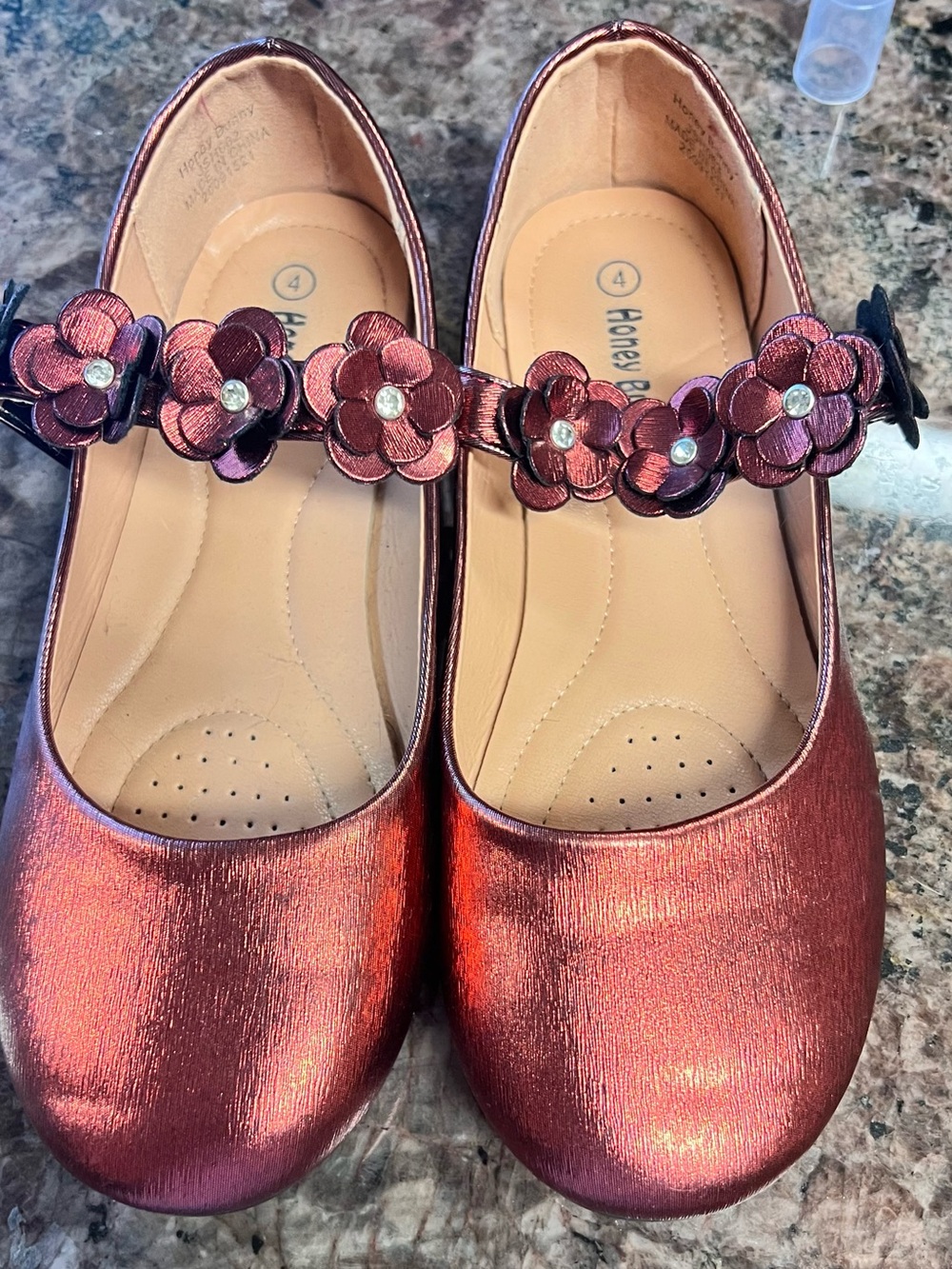 Metallic Red  Gold Mary Jane Flats with Floral Strap